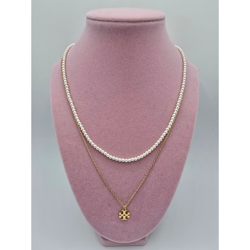 Tory Burch Kira 18K-Gold-Plated & Imitation Pearl Layered Logo Pendant Necklace